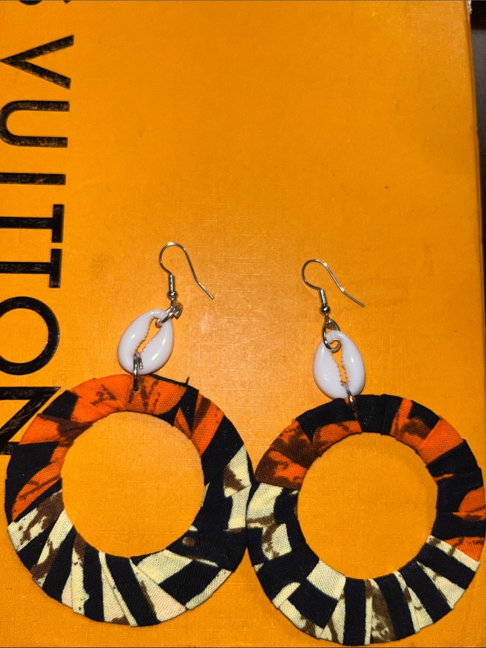Handmade Black & Orange Fabric Hoop Earrings with White Shell Accent
